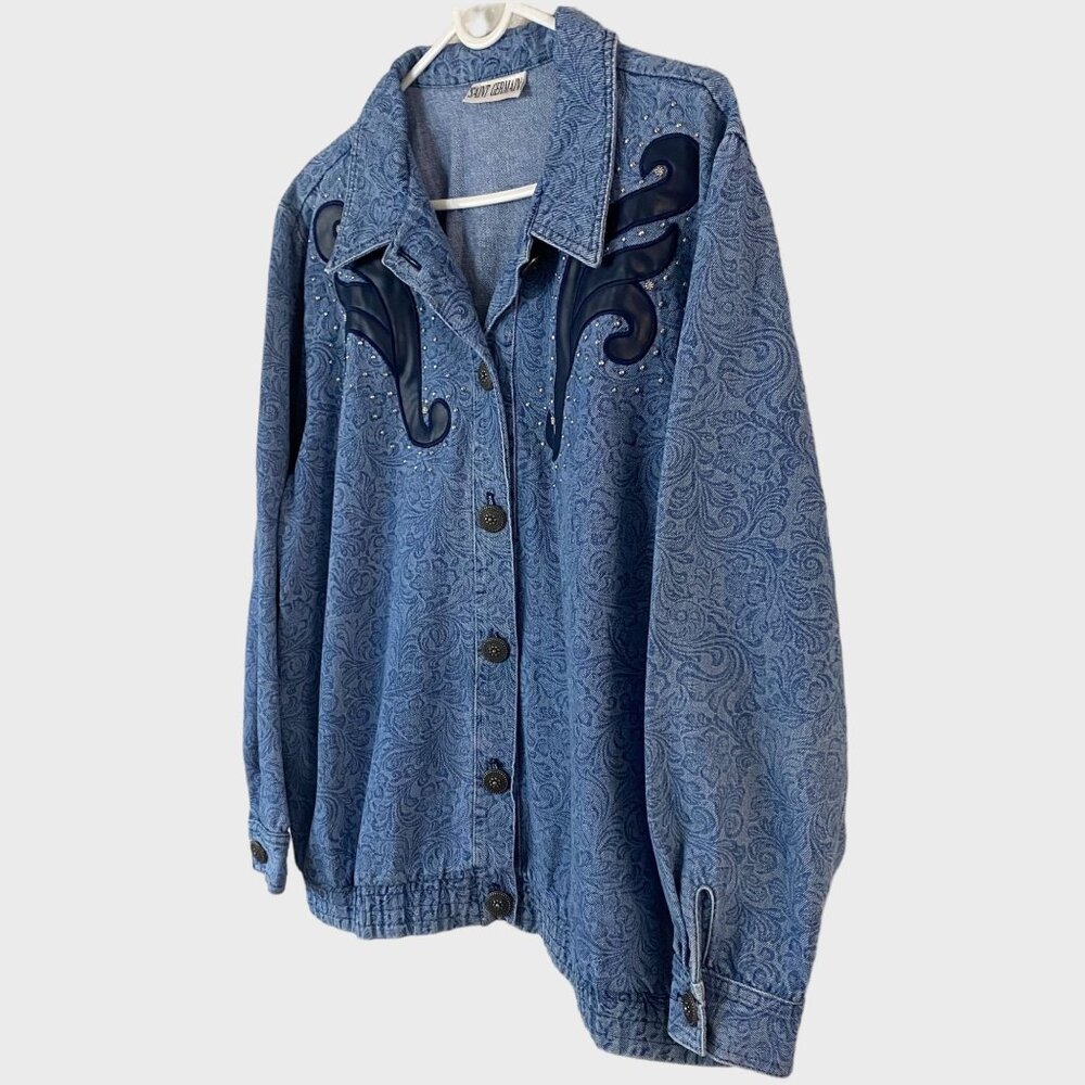 Vintage Saint Germain Blue Floral Motif Western Denim Jacket Women's Size Large - Picture 2 of 13